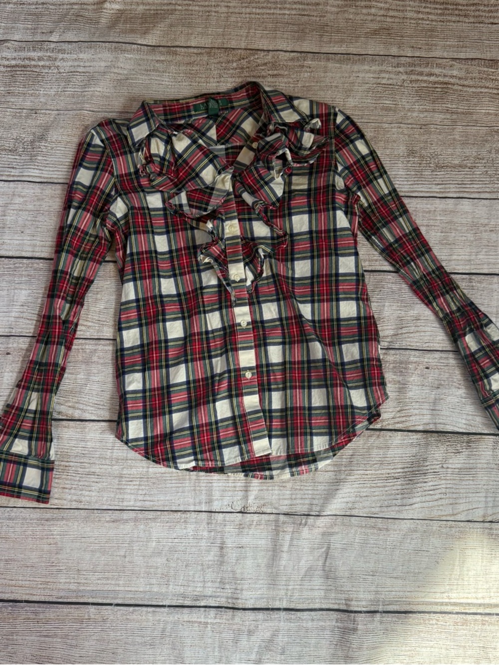 Lauren Ralph Lauren red green plaid ruffle front button down shirt size Medium